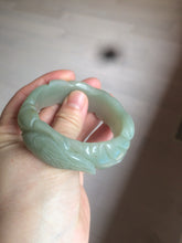 Load image into Gallery viewer, 53mm 100% natural light green/gray Quartzite (Shetaicui jade) 3D carved Magpie and Peony bangle XY62