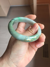 Load image into Gallery viewer, 55mm 100% Natural type A sunny green gray black carved flowers and golden-painted Jadeite Jade bangle PB284