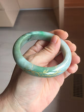 Load image into Gallery viewer, 55mm 100% Natural type A sunny green gray black carved flowers and golden-painted Jadeite Jade bangle PB284