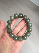 Load image into Gallery viewer, 100% Natural 13.8x12.5mm dark green/gray/brown vintage style nephrite Jade bead bracelet HF76