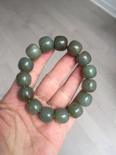 Load image into Gallery viewer, 100% Natural 13.8x12.5mm dark green/gray/brown vintage style nephrite Jade bead bracelet HF76