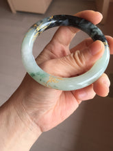 Load image into Gallery viewer, 58mm 100% Natural type A icy watery green dark carved flowers golden-painted round cut Jadeite Jade bangle PH73-5858