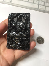 Load image into Gallery viewer, 100% Natural type A dark green black jadeite jade(墨翠, mocui) God of wealth General Guan (武财神关公) pendant pendant/worry stone AA64