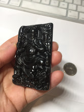 Load image into Gallery viewer, 100% Natural type A dark green black jadeite jade(墨翠, mocui) God of wealth General Guan (武财神关公) pendant pendant/worry stone AA64