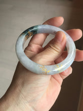 Load image into Gallery viewer, 53.6mm 100% Natural type A dark green purple white carved flowers and golden-painted Jadeite Jade bangle PD92-0263
