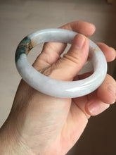 Load image into Gallery viewer, 53.6mm 100% Natural type A dark green purple white carved flowers and golden-painted Jadeite Jade bangle PD92-0263