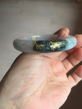 Load image into Gallery viewer, 53.6mm 100% Natural type A dark green purple white carved flowers and golden-painted Jadeite Jade bangle PD92-0263