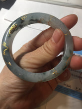 Load image into Gallery viewer, 54mm 100% Natural type A icy watery dark green with floating flowers and carved and golden-painted Jadeite Jade bangle PA172-8572