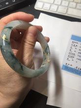 Load image into Gallery viewer, 58.5mm Certified 100% Natural type A icy watery green/light with green flying flowers carved and golden-painted Jadeite Jade bangle PB211-7075