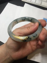 Load image into Gallery viewer, 58.5mm Certified 100% Natural type A icy watery green/light with green flying flowers carved and golden-painted Jadeite Jade bangle PB211-7075