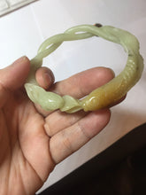 Load image into Gallery viewer, 61mm 100% Natural Yellow Orange 3D Carved Fish, Lotus Flowers & Twisted Braided Xiu Jade (Serpentine) Bangle CB84