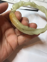 Load image into Gallery viewer, 61mm 100% Natural Yellow Orange 3D Carved Fish, Lotus Flowers & Twisted Braided Xiu Jade (Serpentine) Bangle CB84