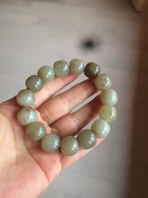 Load image into Gallery viewer, 14x13mm 100% Natural light green/gray/brown with brown flying dandelions vintage style nephrite Jade bead bracelet HE84