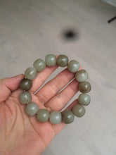 Load image into Gallery viewer, 14x13mm 100% Natural light green/gray/brown with brown flying dandelions vintage style nephrite Jade bead bracelet HE84
