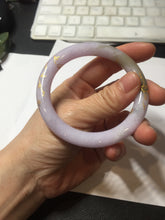 Load image into Gallery viewer, 54.5m Type A 100% Natural light purple brown white carved branches and flowers and golden-painted round cut jadeite jade bangle BH128