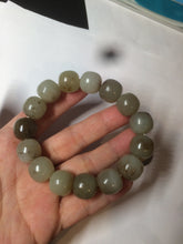 Load image into Gallery viewer, 14x13mm 100% Natural light green/gray/brown with brown flying dandelions vintage style nephrite Jade bead bracelet HE84