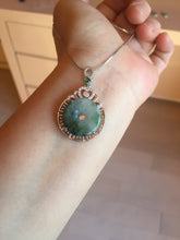 Load image into Gallery viewer, Type A 100% Natural dark green with green floating flowers Jadeite Jade Safety Guardian Button donuts Pendant group X138