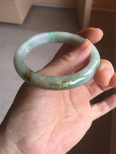 Load image into Gallery viewer, 54.2mm certified 100% natural Type A sunny green gray purple carved and golden-painted round cut jadeite jade bangle PJ65