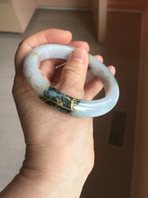 Load image into Gallery viewer, 58mm 100% Natural type A green purple white carved flowers and golden-painted round cut Jadeite Jade bangle PJ64