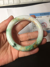 Load image into Gallery viewer, 55.5mm certified 100% natural Type A sunny green purple white carved and golden-painted chubby round cut jadeite jade bangle BH137-4720