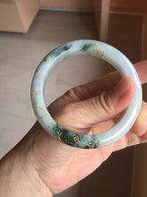 Load image into Gallery viewer, 58mm 100% Natural type A green purple white carved flowers and golden-painted round cut Jadeite Jade bangle PJ64