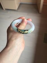 Load image into Gallery viewer, 54mm 100% Natural type A dark green purple white carved plum bossom and golden-painted Jadeite Jade bangle BP166-0266