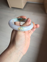 Load image into Gallery viewer, 54mm 100% Natural type A dark green purple white carved plum bossom and golden-painted Jadeite Jade bangle BP166-0266