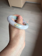 Load image into Gallery viewer, 54mm 100% Natural type A dark green purple white carved plum bossom and golden-painted Jadeite Jade bangle BP166-0266