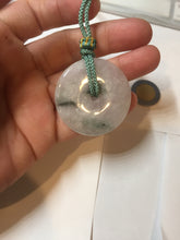Load image into Gallery viewer, 37.9mm Type A 100% Natural icy watery white purple with green floating flowers Jadeite Jade Safety Guardian Button donuts couple pendant PA65