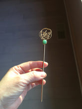 Load image into Gallery viewer, 100% natural Type A sunny green Jadeite Gold tone Alloy Hair Stick with Jade Cabochon | Auspicious Magpie & Plum Blossom Design PE19