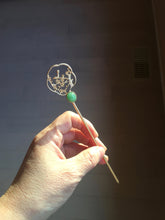 Load image into Gallery viewer, 100% natural Type A sunny green Jadeite Gold tone Alloy Hair Stick with Jade Cabochon | Auspicious Magpie & Plum Blossom Design PE19