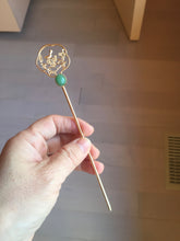 Load image into Gallery viewer, 100% natural Type A sunny green Jadeite Gold tone Alloy Hair Stick with Jade Cabochon | Auspicious Magpie & Plum Blossom Design PE19