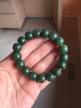 Load image into Gallery viewer, 100% Natural 10.3/12mm dark green/black vintage style nephrite Jade (碧玉) bead bracelet HE90