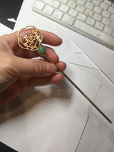 Load image into Gallery viewer, 100% natural Type A sunny green Jadeite Gold tone Alloy Hair Stick with Jade Cabochon | Auspicious Magpie & Plum Blossom Design PE19
