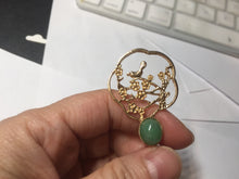 Load image into Gallery viewer, 100% natural Type A sunny green Jadeite Gold tone Alloy Hair Stick with Jade Cabochon | Auspicious Magpie & Plum Blossom Design PE19