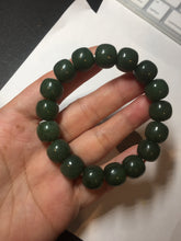 Load image into Gallery viewer, 100% Natural 10.3/12mm dark green/black vintage style nephrite Jade (碧玉) bead bracelet HE90