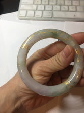 Load image into Gallery viewer, 55.3mm 100% Natural type A sunny green purple white carved flowers and golden-painted chubby Jadeite Jade bangle PF17-2326