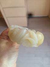 Load image into Gallery viewer, 54mm 100% natural light yellow/beige/gray 3D carved lotus and kissing love birds Quartzite (Shetaicui jade) jade bangle SY69