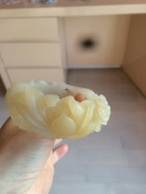 Load image into Gallery viewer, 54mm 100% natural light yellow/beige/gray 3D carved lotus and kissing love birds Quartzite (Shetaicui jade) jade bangle SY69