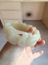 Load image into Gallery viewer, 54mm 100% natural light yellow/beige/gray 3D carved lotus and kissing love birds Quartzite (Shetaicui jade) jade bangle SY69