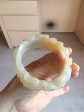 Load image into Gallery viewer, 54mm 100% natural light yellow/beige/gray 3D carved lotus and kissing love birds Quartzite (Shetaicui jade) jade bangle SY69