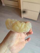 Load image into Gallery viewer, 54mm 100% natural light yellow/beige/gray 3D carved lotus and kissing love birds Quartzite (Shetaicui jade) jade bangle SY69