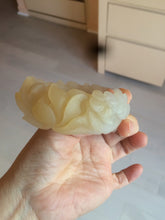 Load image into Gallery viewer, 54mm 100% natural light yellow/beige/gray 3D carved lotus and kissing love birds Quartzite (Shetaicui jade) jade bangle SY69