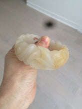 Load image into Gallery viewer, 54mm 100% natural light yellow/beige/gray 3D carved lotus and kissing love birds Quartzite (Shetaicui jade) jade bangle SY69