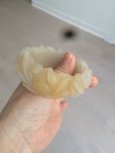 Load image into Gallery viewer, 54mm 100% natural light yellow/beige/gray 3D carved lotus and kissing love birds Quartzite (Shetaicui jade) jade bangle SY69