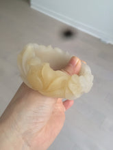 Load image into Gallery viewer, 54mm 100% natural light yellow/beige/gray 3D carved lotus and kissing love birds Quartzite (Shetaicui jade) jade bangle SY69