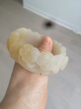 Load image into Gallery viewer, 54mm 100% natural light yellow/beige/gray 3D carved lotus and kissing love birds Quartzite (Shetaicui jade) jade bangle SY69