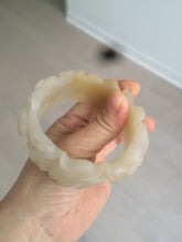 Load image into Gallery viewer, 54mm 100% natural light yellow/beige/gray 3D carved lotus and kissing love birds Quartzite (Shetaicui jade) jade bangle SY69