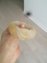Load image into Gallery viewer, 54mm 100% natural light yellow/beige/gray 3D carved lotus and kissing love birds Quartzite (Shetaicui jade) jade bangle SY69