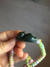 Load image into Gallery viewer, 100% Natural 3 d dark green black lounging cat woven thread nephrite bracelet HT131